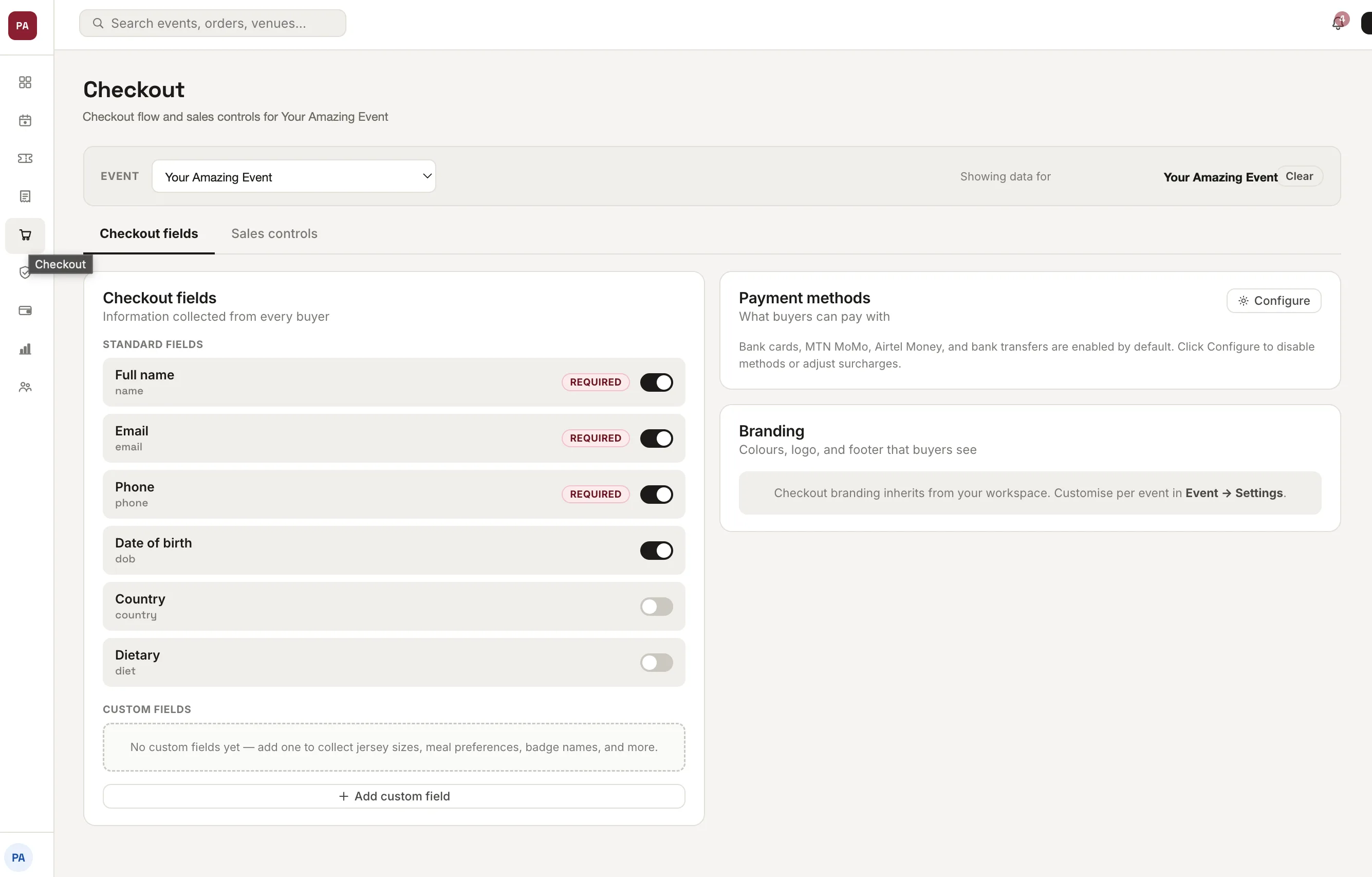 Checkout configuration in the TKT dashboard