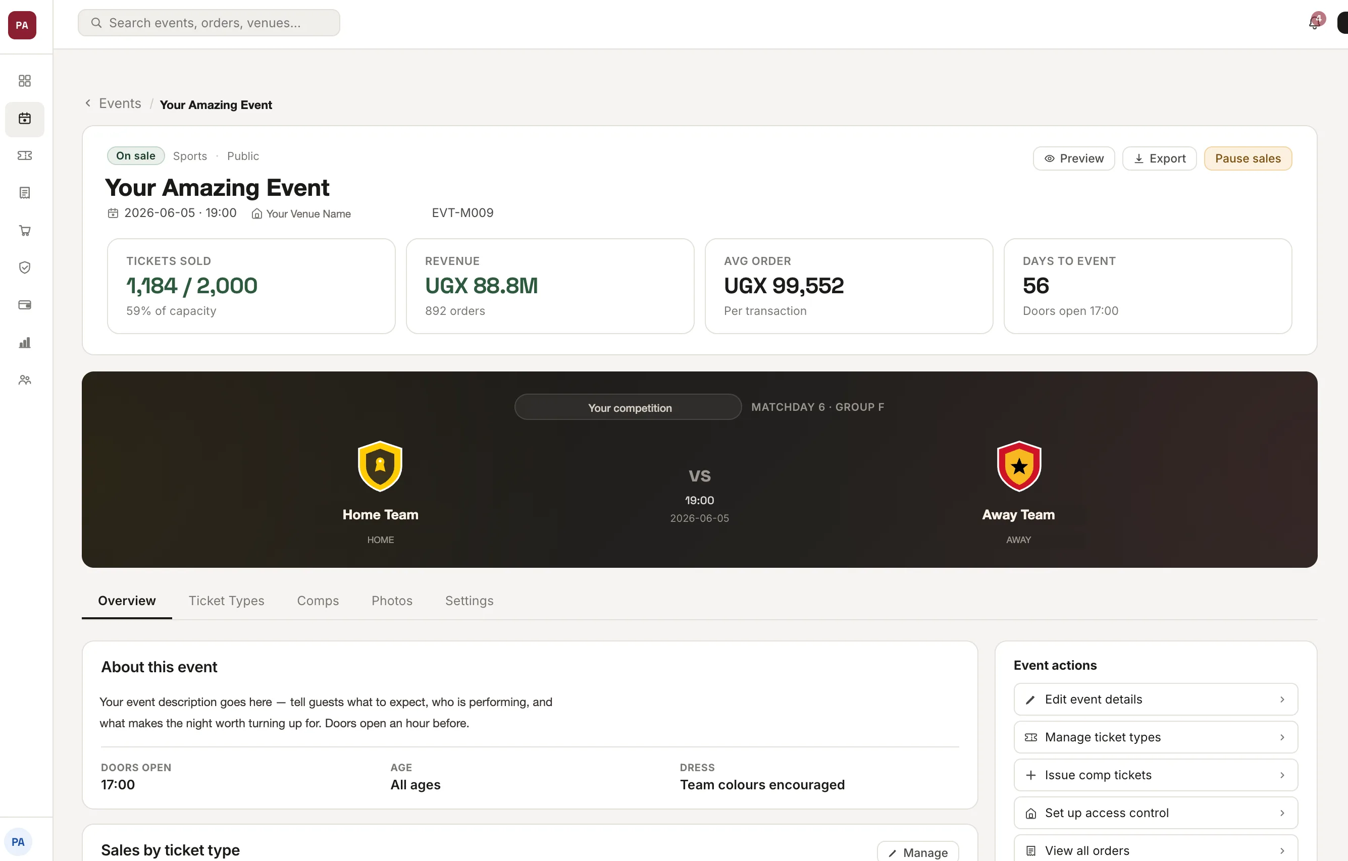 A published matchday event in the TKT dashboard, with sales, fixture details and event actions