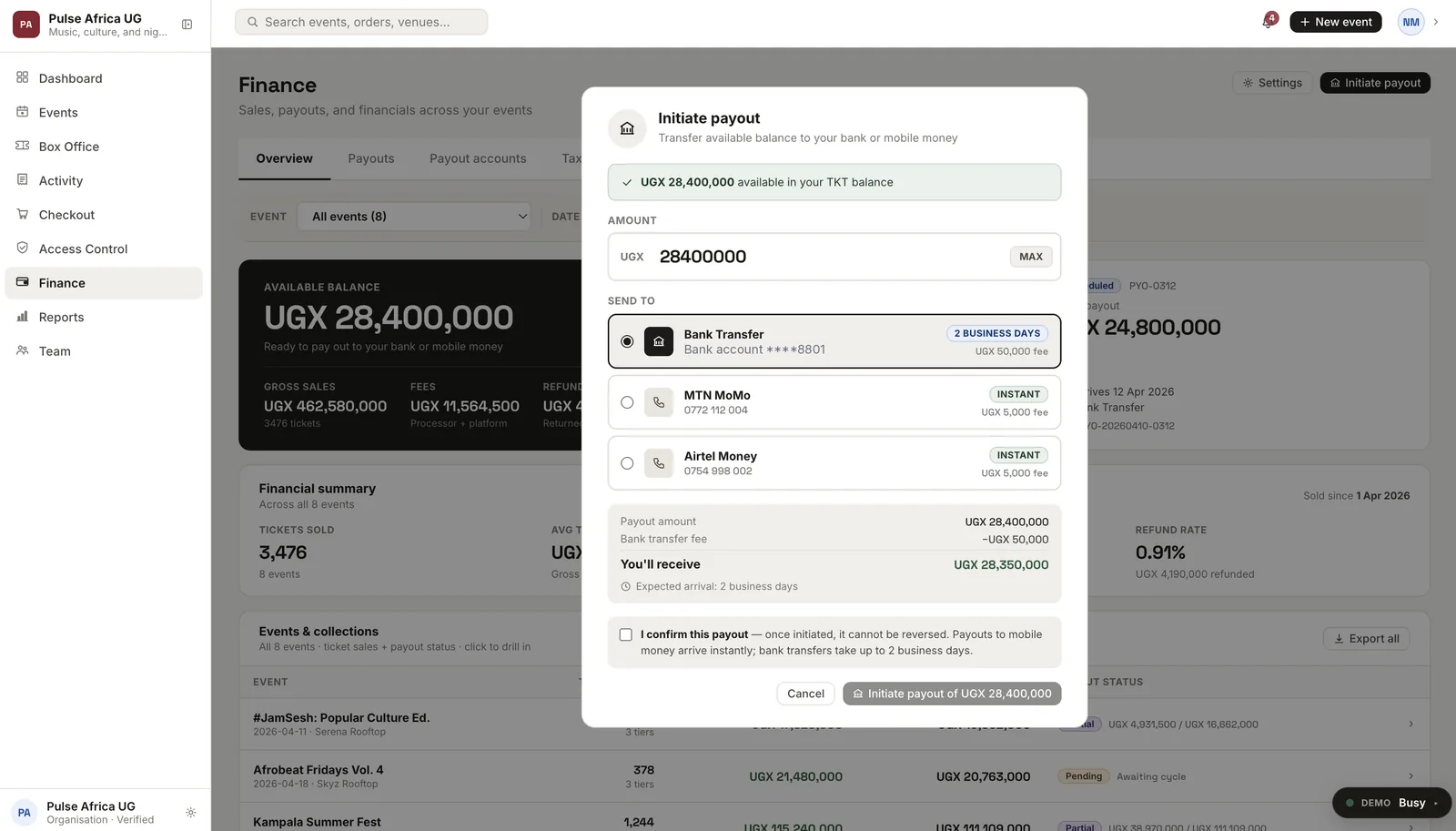 Initiating a payout of the available balance to bank transfer or mobile money