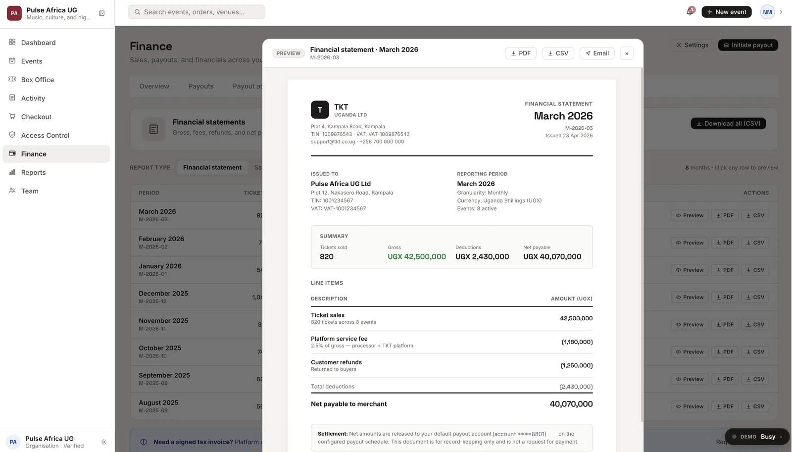 Monthly financial statement: gross, deductions and net payable, exportable as PDF or CSV