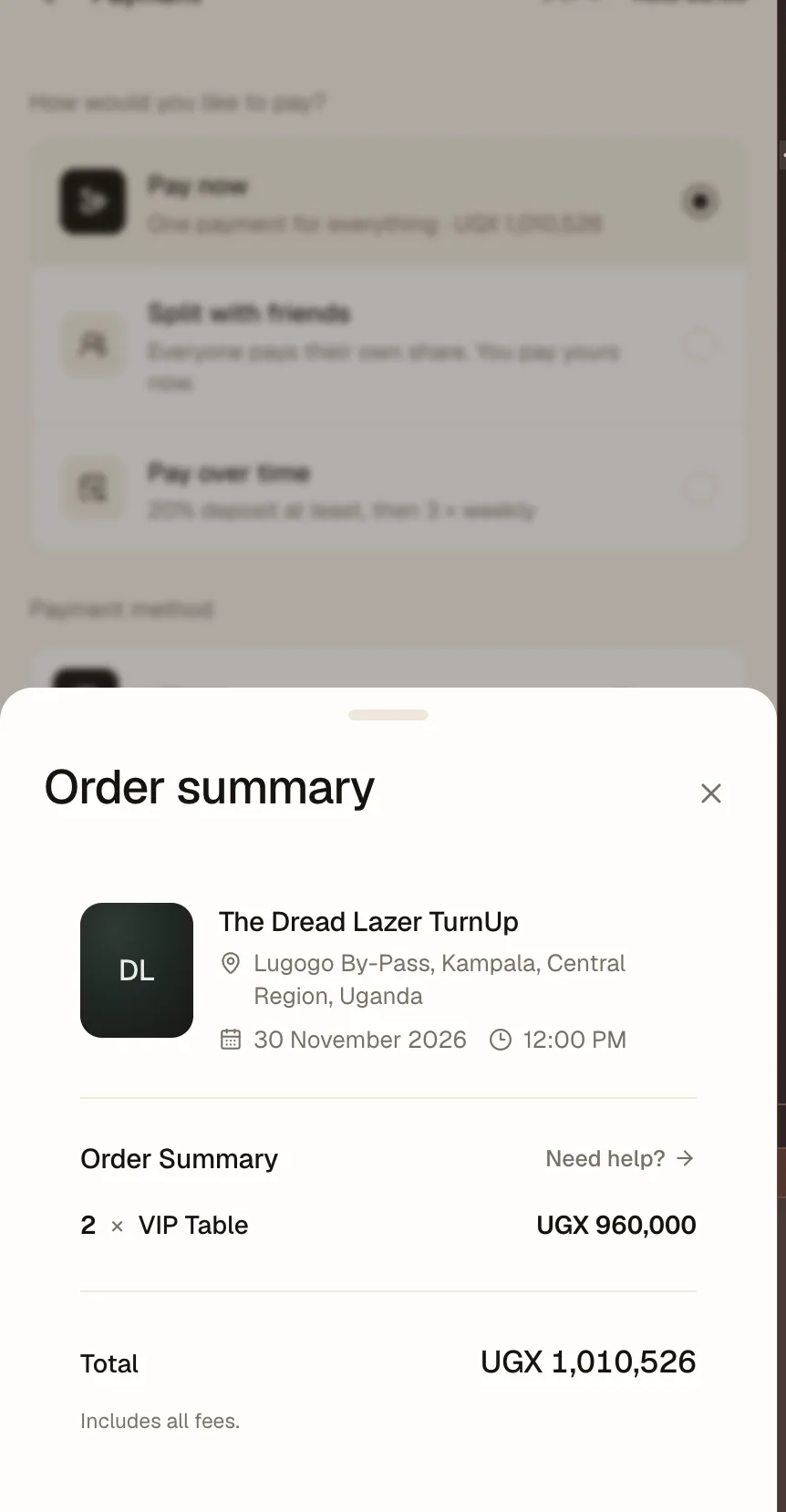 Order summary on a phone: two VIP tables, total including all fees