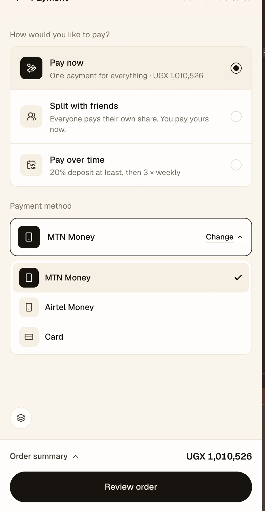 Choosing a payment method at checkout