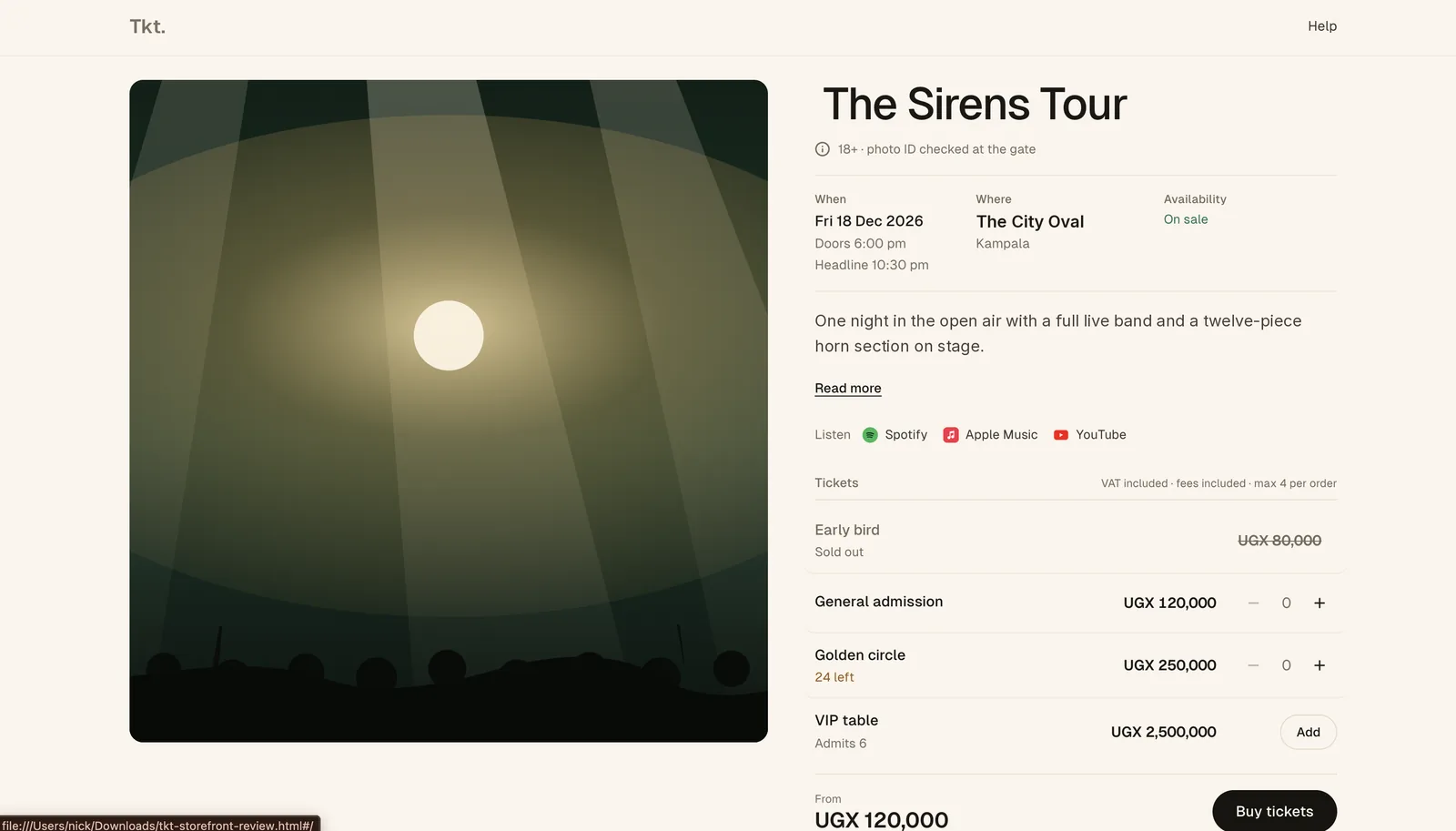 An event storefront: tiers with live availability, sold-out early bird, VIP tables and checkout